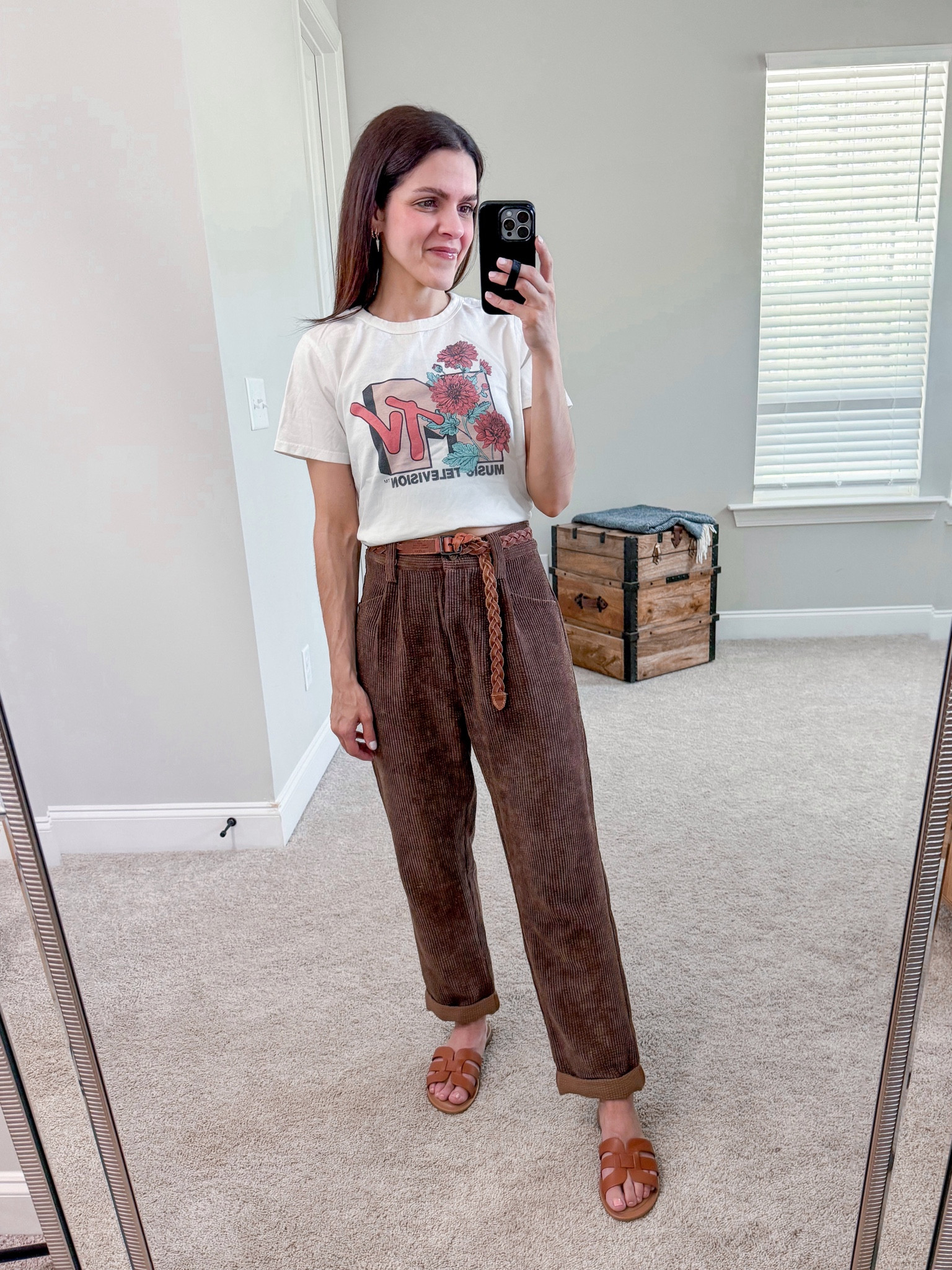 Recreated Pinterest look | graphic tee, corduroy pant, brown sandal, braided belt, gold hoops

#LTKstyletip
