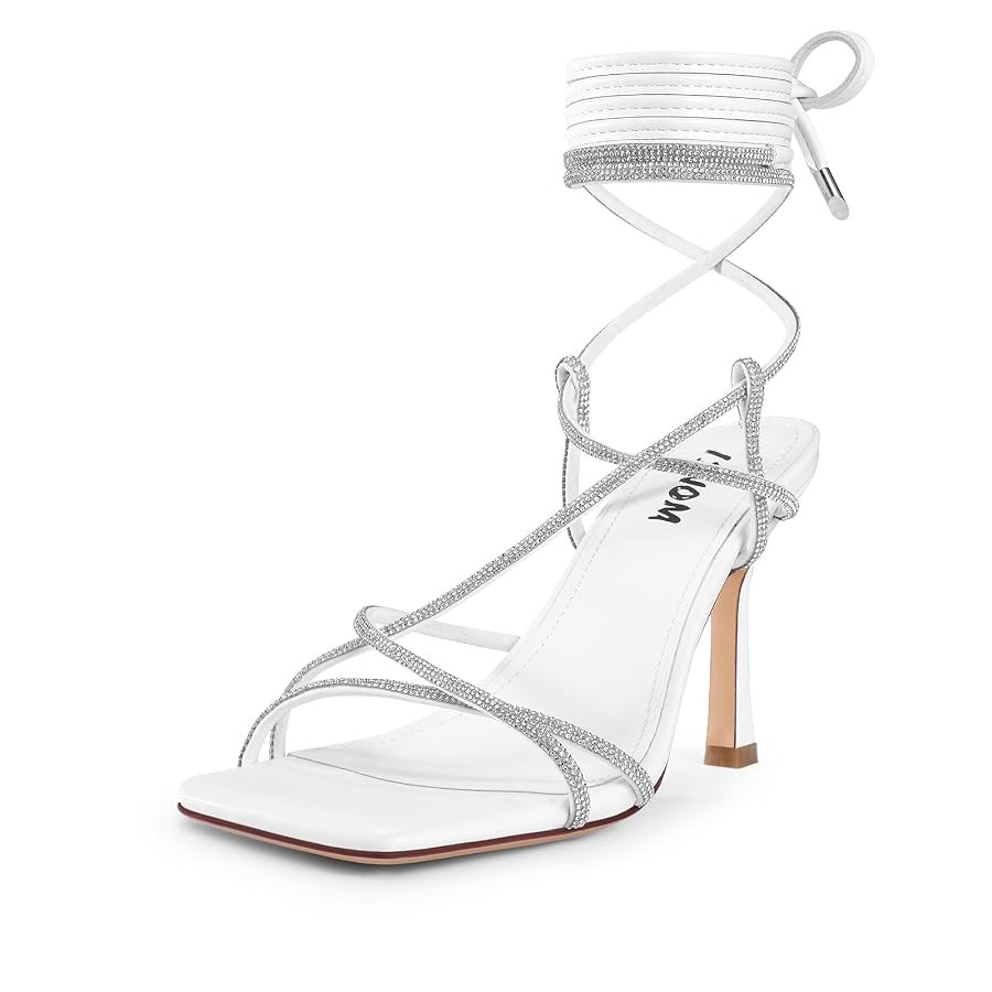 ISNOM Lace Up Heels Sandals for Women, Square Toe, Open Toe Thong, Stiletto Heels Design | Amazon (US)