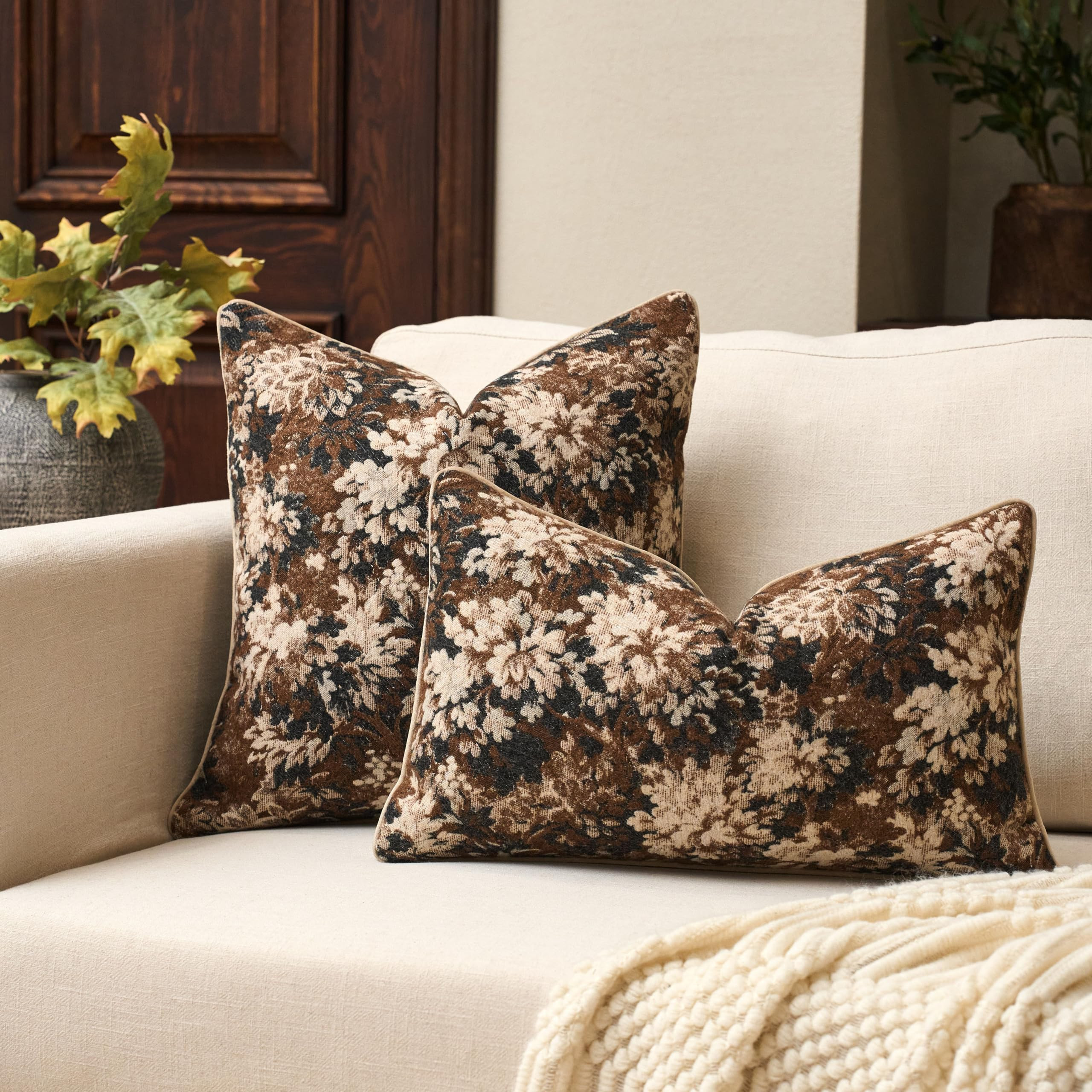 Yangest Neutral Floral Pillow Cover 18 x18 Inches, Vintage Chenille Square Throw Pillow Cover Soft Decorative Farmhouse Accent Couch Pillow Cover for Living Room Bedroom, Coffee Brown | Amazon (US)