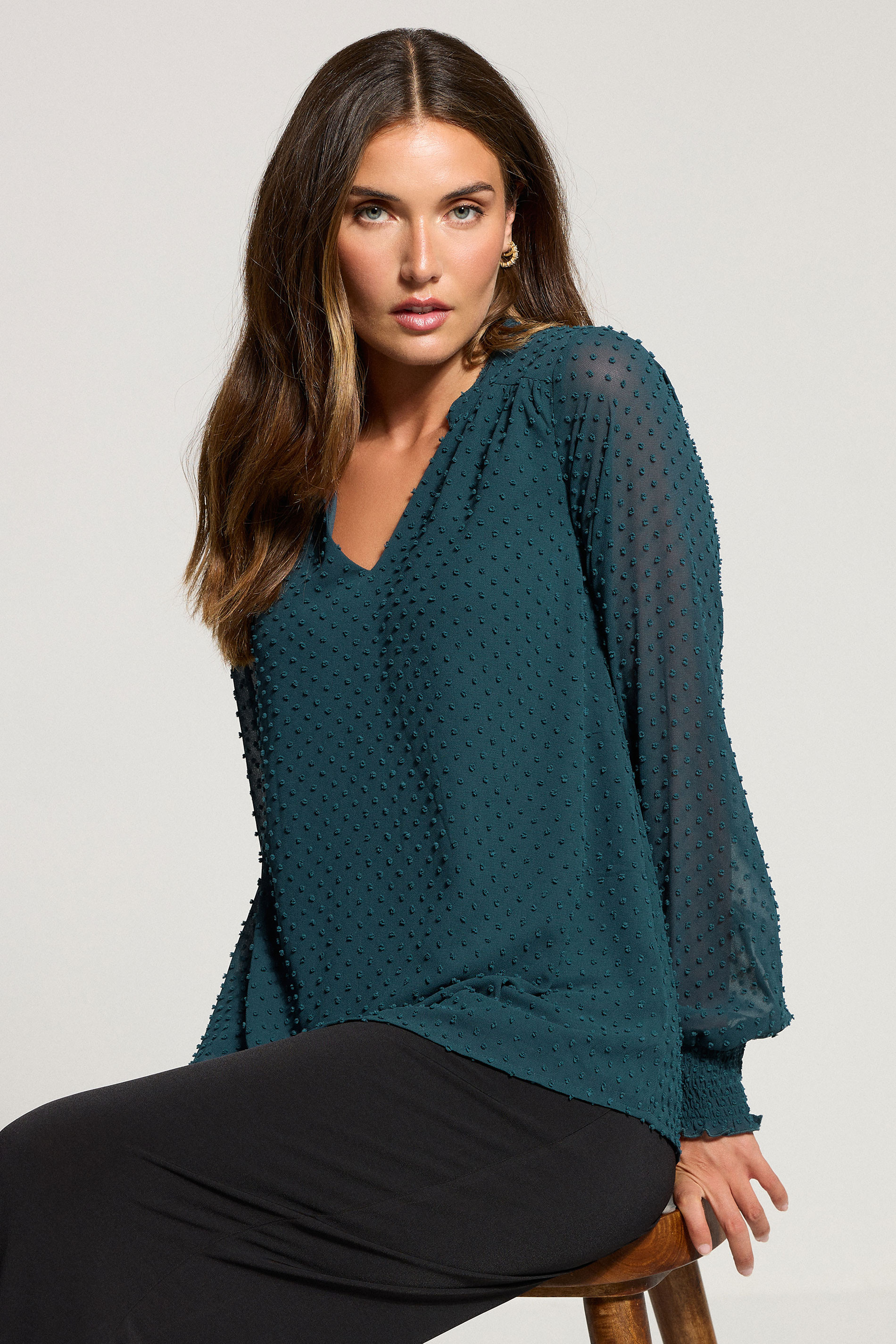 LTS Tall Teal Green Dobby Spot Shirred Blouse | Long Tall Sally