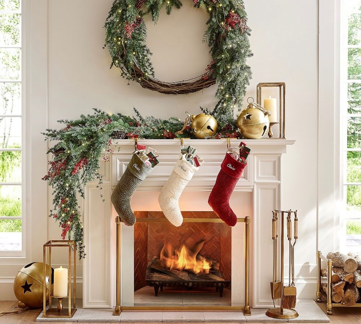 Holiday mantle styling with Christmas stockings, ships free, wreaths, garland, hurricane candleholders, fireplace accessories, Christmas decor. Pottery Barn. Order personalized stockings early  

#LTKFindsUnder50 #LTKHome #LTKSaleAlert