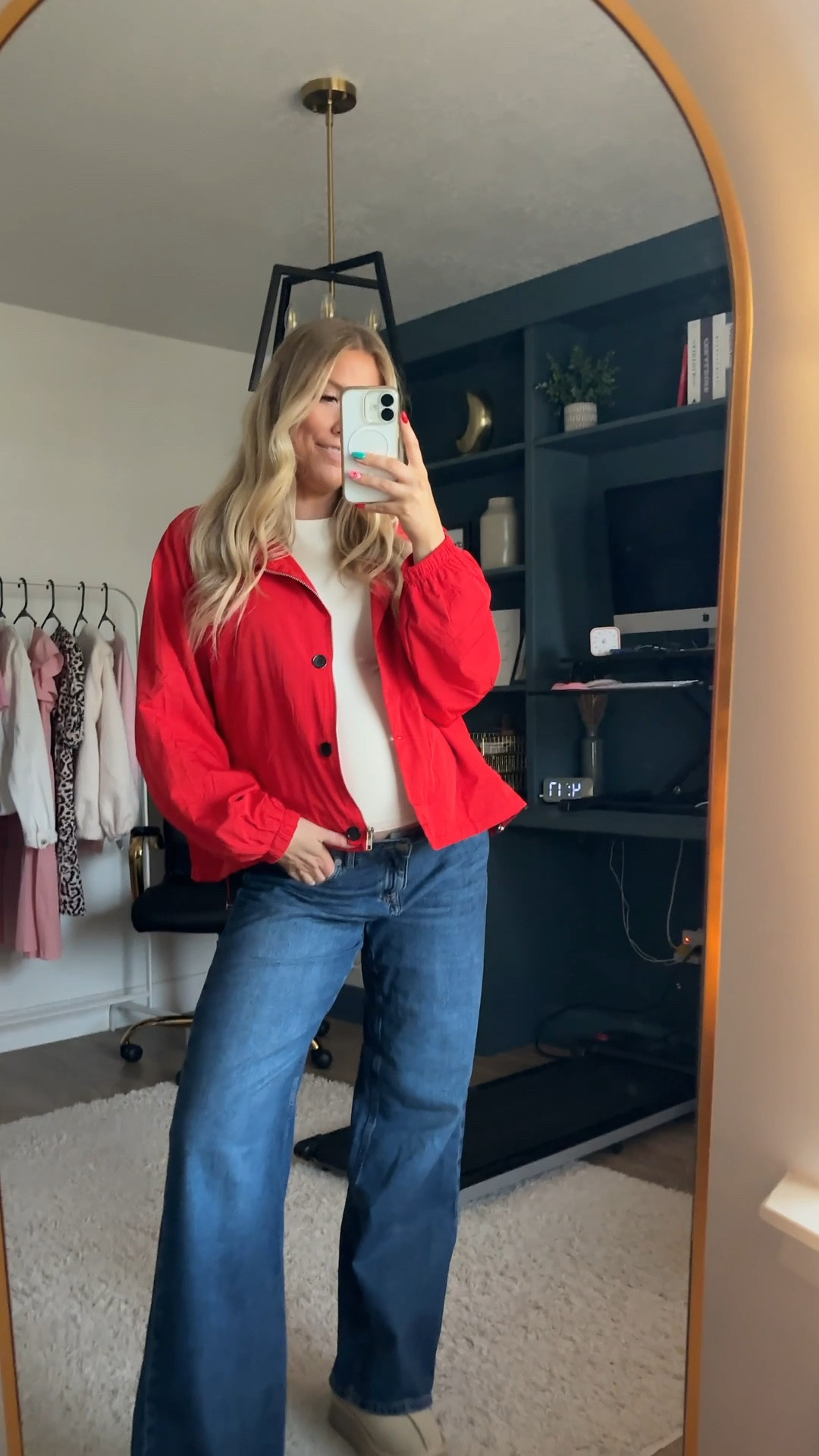 red lightweight jacket! also comes in black and brown! zips and buttons and cinches at the bottom too!

jeans: I sized up one for the bump + they’re low rise so they work even tho they’re not maternity!

| bump friendly outfit | pregnant | jacket | winter fashion 

#LTKSeasonal #LTKBump