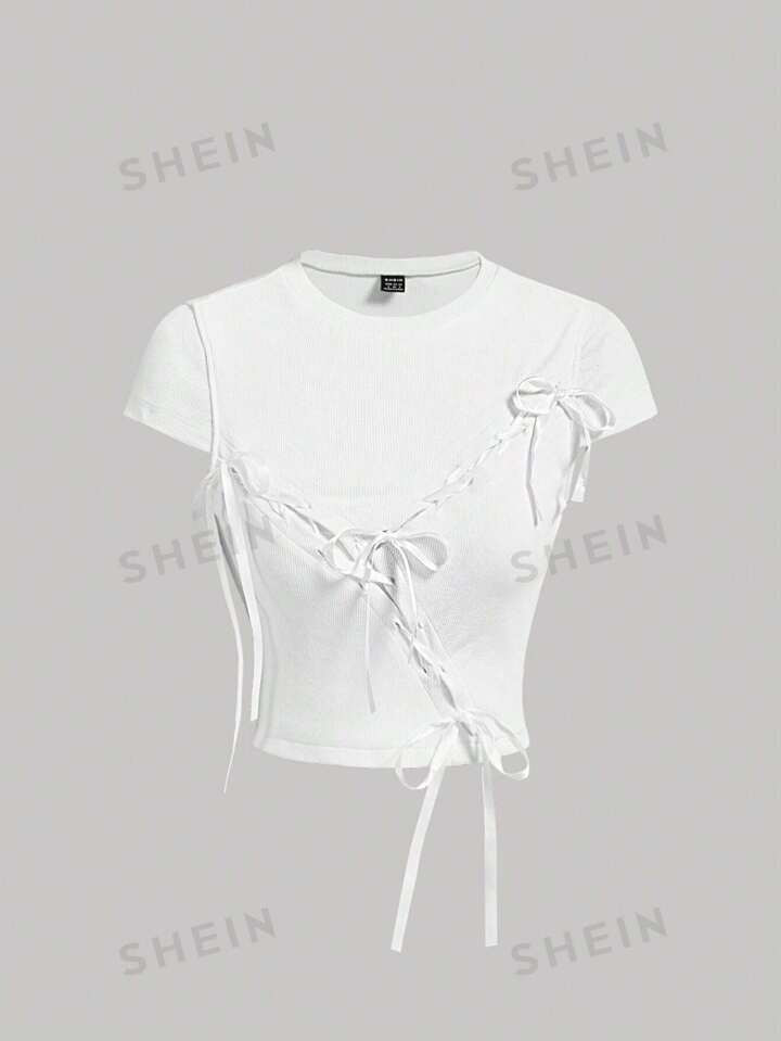 SHEIN MOD White Round Neck Short Puff Sleeve T-Shirt With Bow Decorated Diagonal Split For Spring... | SHEIN