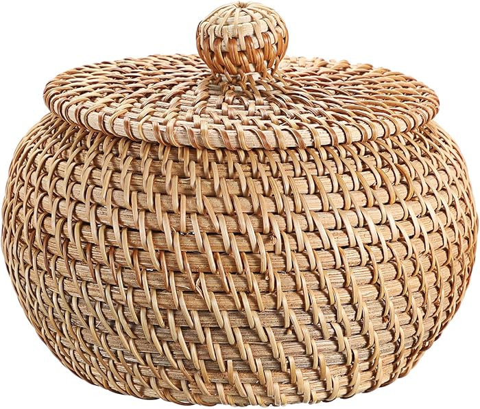 Hipiwe Round Rattan Basket Boxes With Lid Hand-Woven Wicker Storage Baskets Bin Decorative Basket... | Amazon (US)