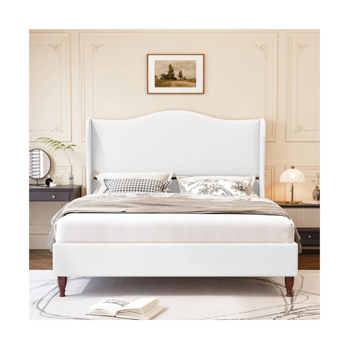 Queen Size Wingback Platform Bed Frame with Tall Headboard-White | Wayfair North America