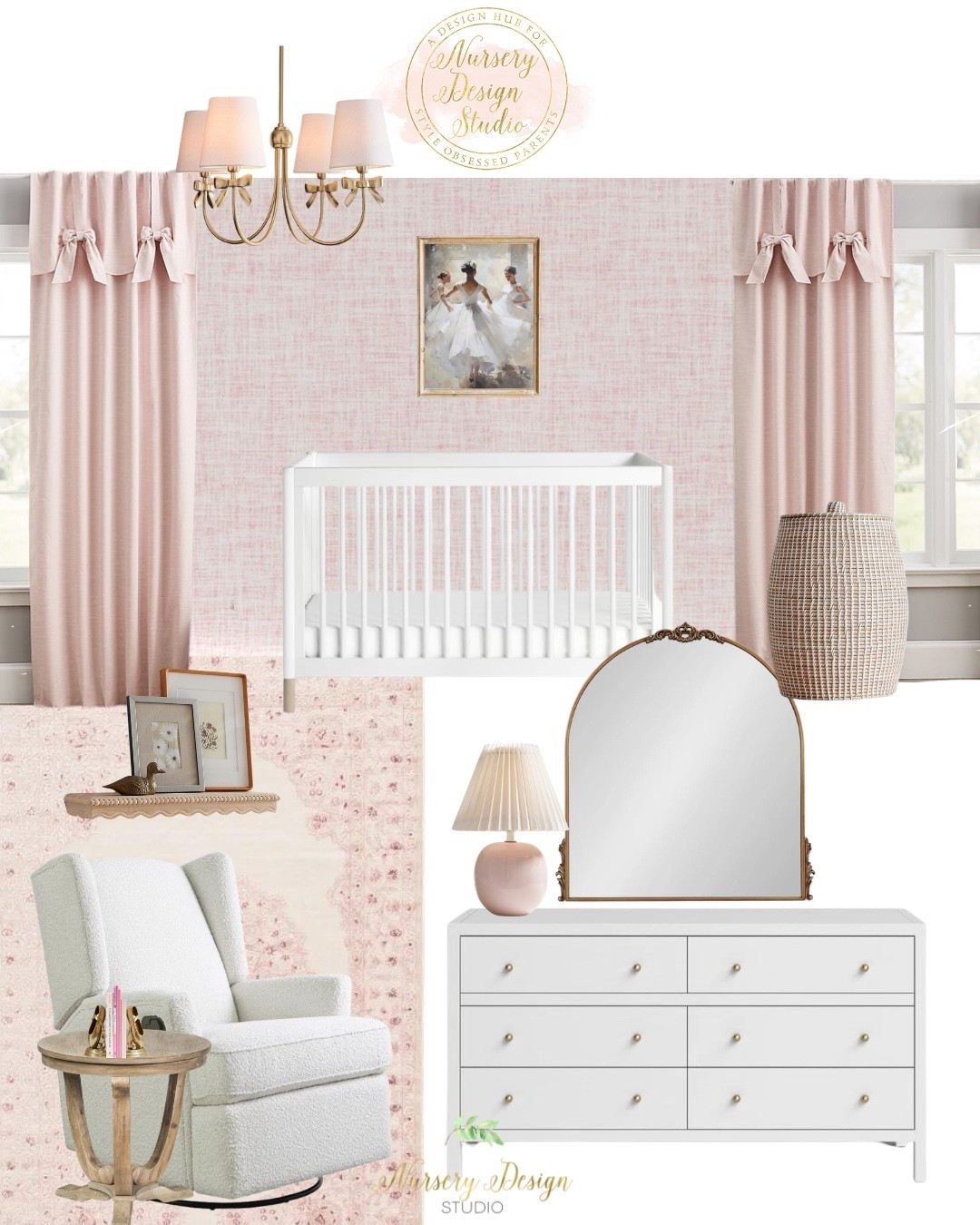 When we designed this nursery, we wanted it to feel soft, timeless, and effortlessly elegant. Blush textures, tailored bow drapery, warm brass accents, and classic white furniture create a room that's feminine without feeling overly sweet.

#LTKBaby #LTKBump #LTKKids