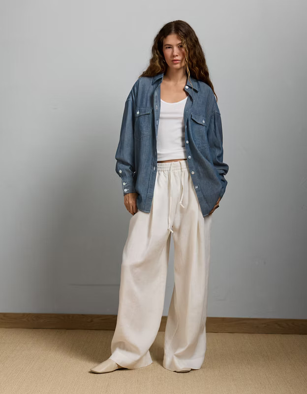 AE77 Oversized Denim Boyfriend Shirt | American Eagle Outfitters (US & CA)