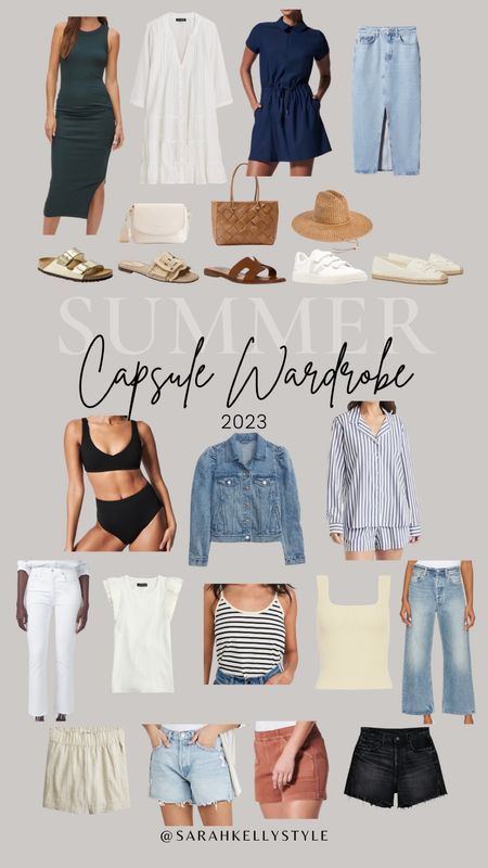 Summer Capsule Wardrobe 2023 including a long denim skirt, white jeans, wide leg jeans, ribbed tank, white flutter sleeve tank, spanx athleisure dress, midi dress, Steve Madden sandals and more! Check out this capsule for outfit inspiration for this coming summer season. 

#LTKstyletip #LTKSeasonal #LTKFind