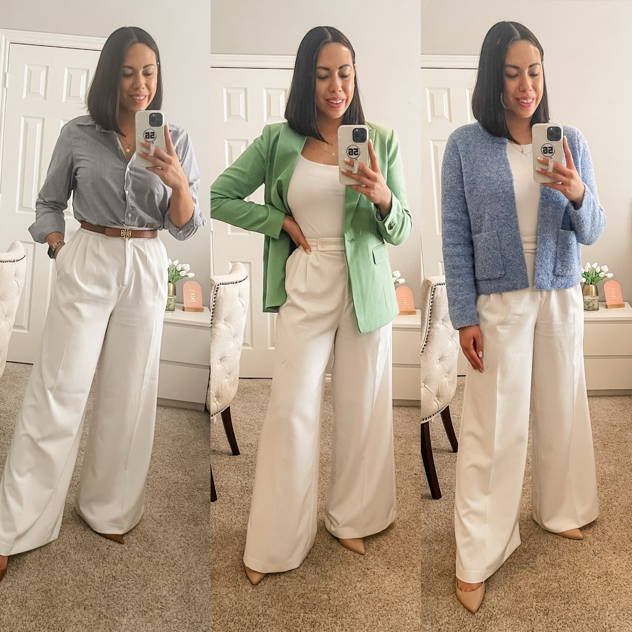 Three Ways to Style White Wide Leg Pants

With A Button Down
- Striped Button Down: Size Medium 
- White Wide Leg Pants: Size 4
- Tan Belt: Sold Out
- Tan Pumps: Size 8

With a Blazer
- Green Blazer: Size 6
- Scoop Neck Bodysuit: Size Medium 
- White Wide Leg Pants: Size 4
- Nude Pumps: Size 8

With a Jacket
- Boucle Jacket: Size Medium 
- High Neck Bodysuit: Size Medium 
- White Wide Leg Pants: Size 4
- Nude Pumps: Size 8

#LTKworkwear #LTKstyletip #LTKSeasonal