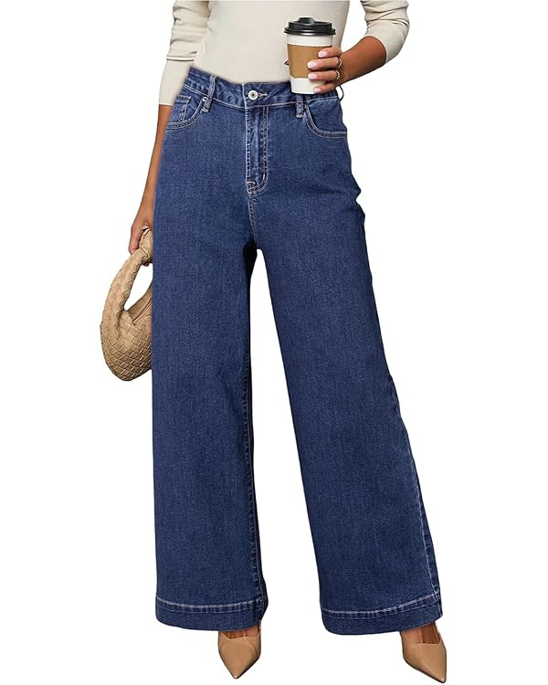 DOKOTOO Women's Casual High Waisted Jeans Stretch Button Wide Leg Loose Denim Pants with Pockets | Amazon (US)