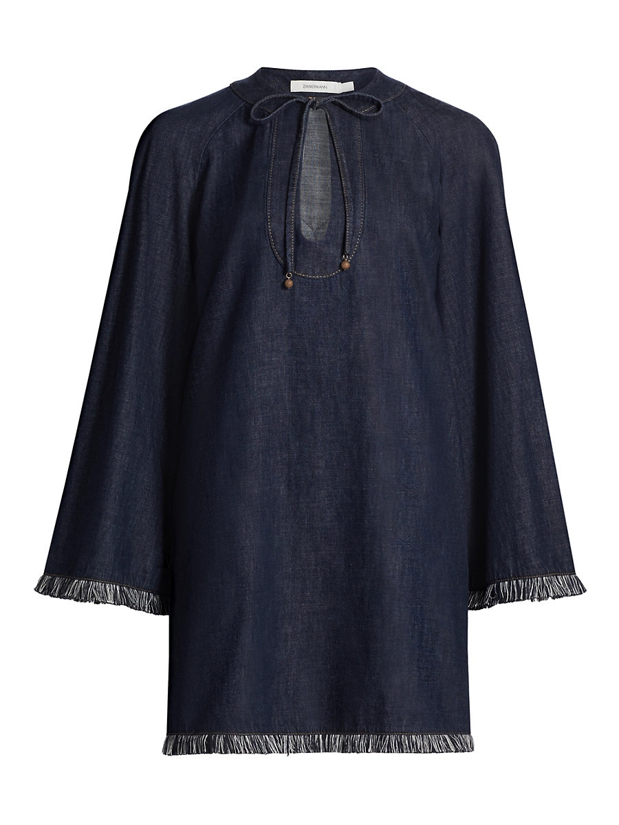 Women's Rhiannon Fringe Denim Minidress - Atlantic - Size 0 | Saks Fifth Avenue