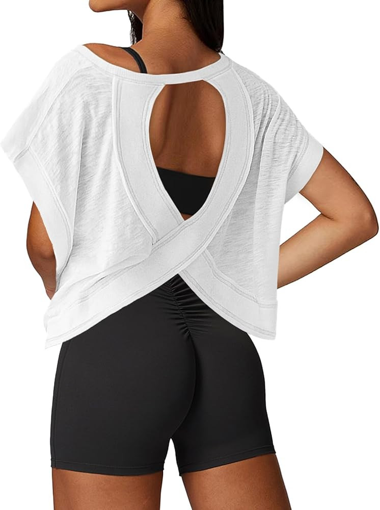 Open Back Workout Tops for Women Loose Fit Athletic Crop Tee Short Sleeve Gym Running Yoga Shirt | Amazon (US)