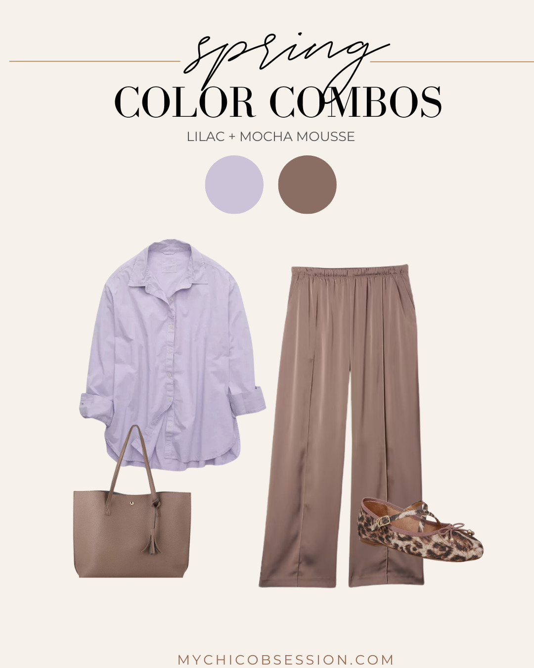 Lilac and mocha mousse make the perfect cozy, bright pairing for transitional spring outfits. Pair a light purple button-down with a satin pair of mocha mousse pants. Then, accessorize with a work tote and leopard print flats for an office-ready look for spring. 

 #LTKSeasonal #LTKStyleTip #LTKWorkwear