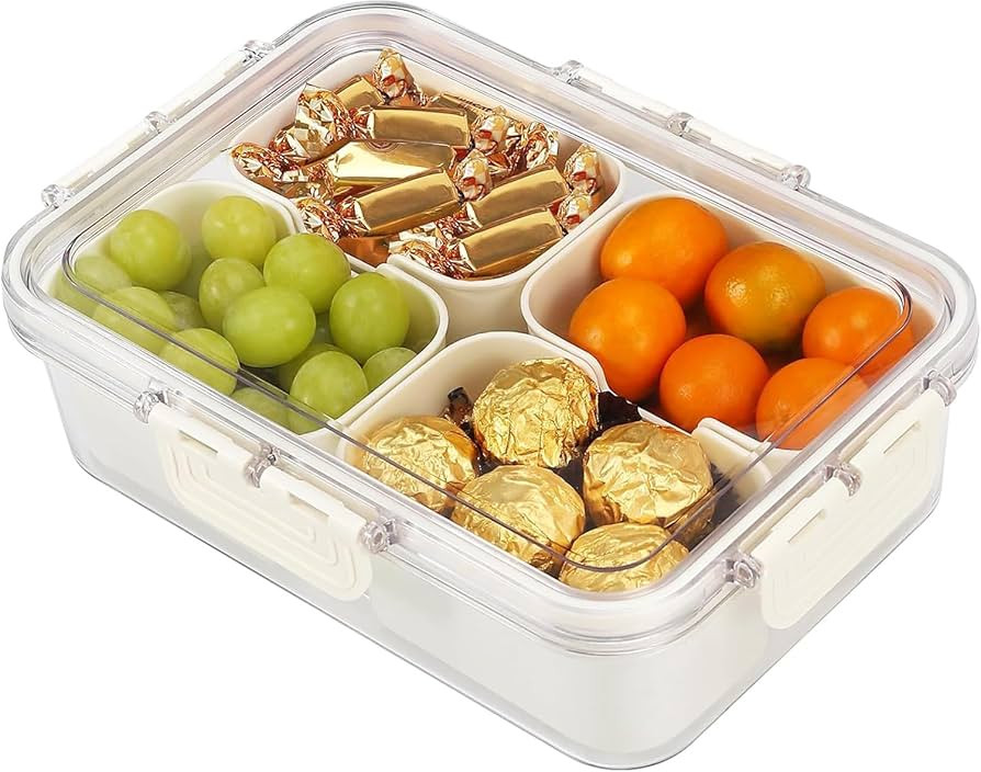 Snack Box Container, 4 Compartments Divided Serving Tray with Lid, Snackle Box Container, Snack O... | Amazon (US)