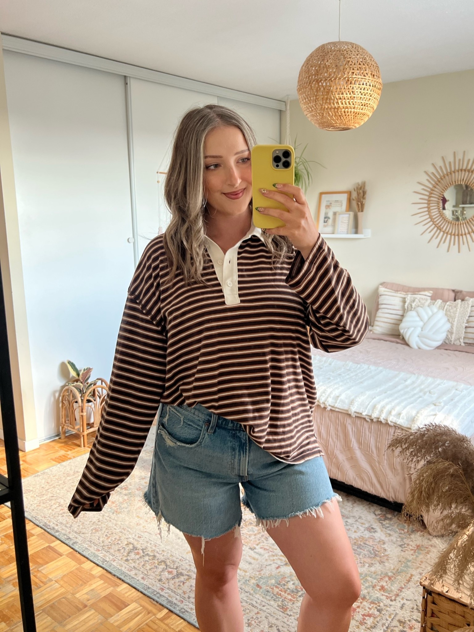 Love this striped polo long sleeve tee for transitioning to fall! Comfy & lightweight, I’m wearing L for an oversized fit. Sized up to 32 in the denim shorts for a baggy fit

#LTKfall #LTKsale #LTKmidsize