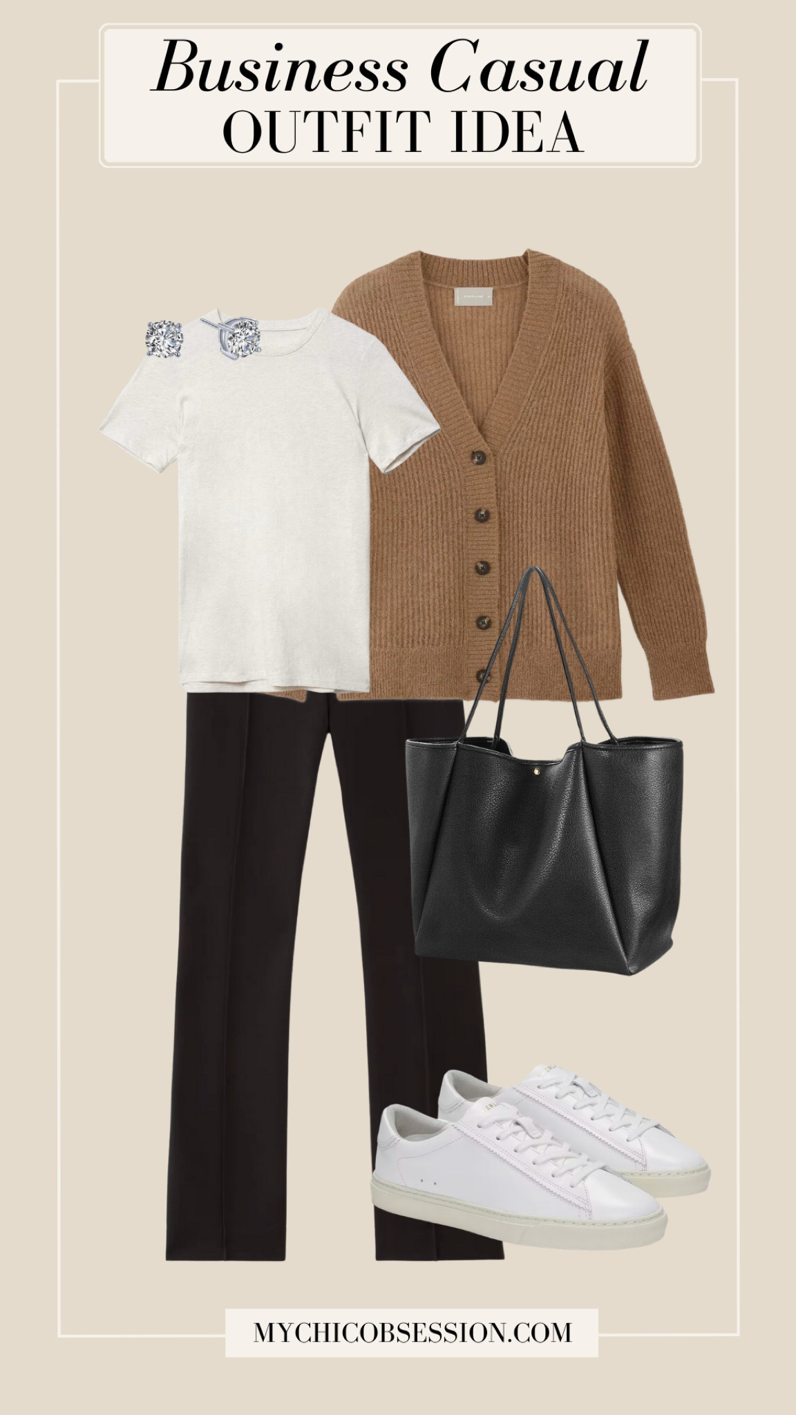 If you’re office leans more into the “casual” part of business casual, try this comfy fall look with a clean white sneaker, black flared trousers, an off-white tee, cardigan, leather tote and diamond studs. 

#LTKworkwear #LTKSeasonal #LTKstyletip