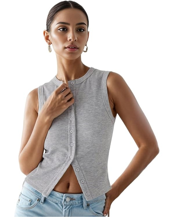 Women’s Button Down Tank Tops Ribbed Summer Vest Button Up Open Front Sleeveless Slim Fit Crop ... | Amazon (US)