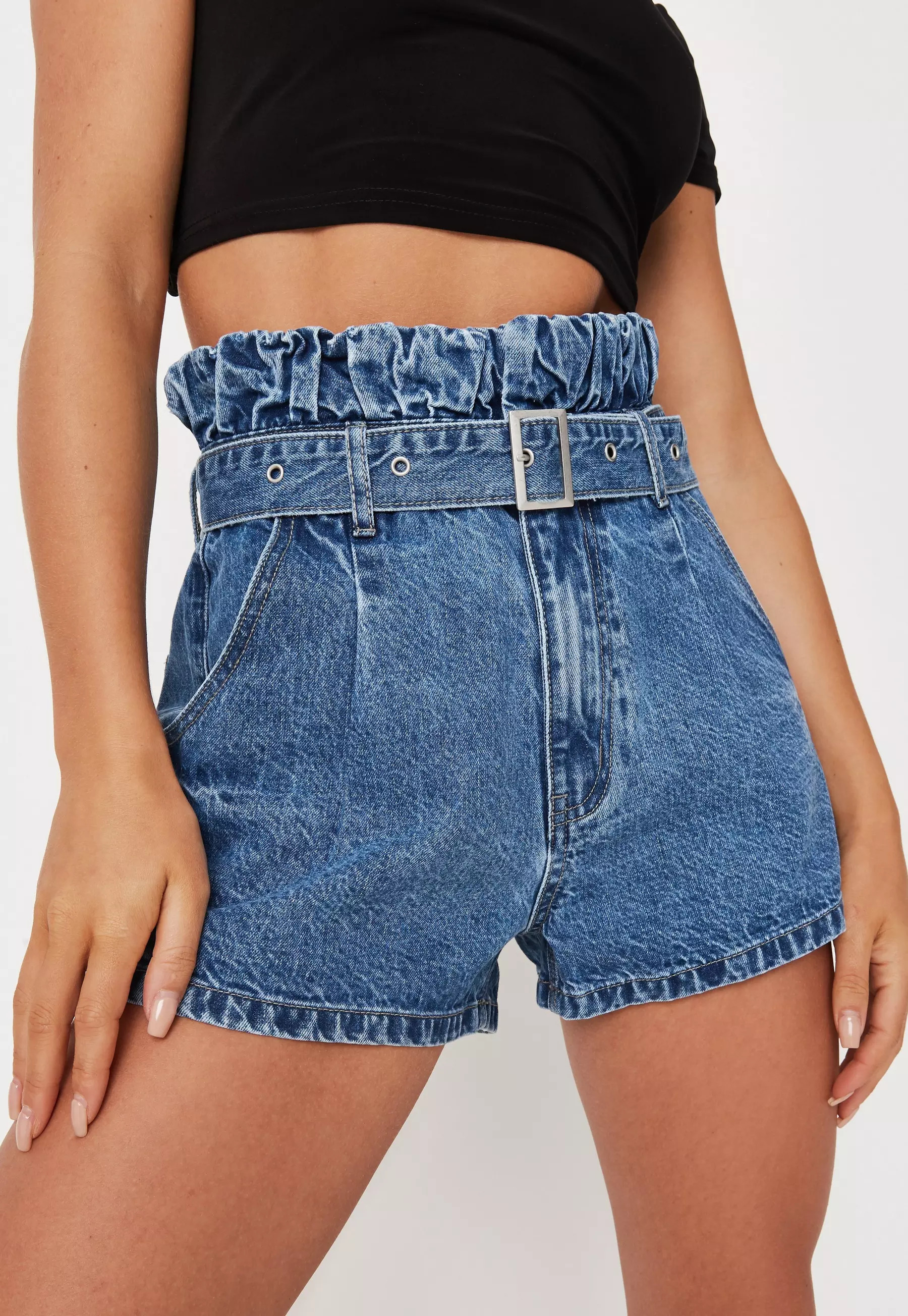 Petite Blue Belted Paper Bag Denim Shorts | Missguided (UK & IE)