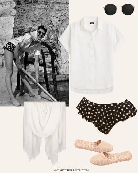 Channeling Audrey Hepburn's iconic style, this outfit radiates effortless elegance perfect for a relaxing day by the water. The look starts with a ruffle polka dot swimsuit bottom in a classic retro print, conjuring up images of glamorous poolside fashion from decades past. A breezy linen scarf tied loosely around the neck adds a touch of sophistication, the fabric's natural texture lending an organic, earthy vibe. On top, a short sleeve linen shirt provides a lightweight layer, its neutral tone complementing the swimsuit's playful polka dots. Oversized round sunglasses evoke Hepburn's signature doe-eyed aesthetic, shading the eyes in retro Hollywood glamour. Finally, woven straw slippers ground the look in leisurely comfort, their natural material echoing the laidback linen pieces for a cohesive aesthetic from head to toe. Together, the outfit channels Hepburn's signature blend of elegance and ease, perfect for embracing days by the sea or simply dreaming of Italian summers !

#LTKswim #LTKSeasonal