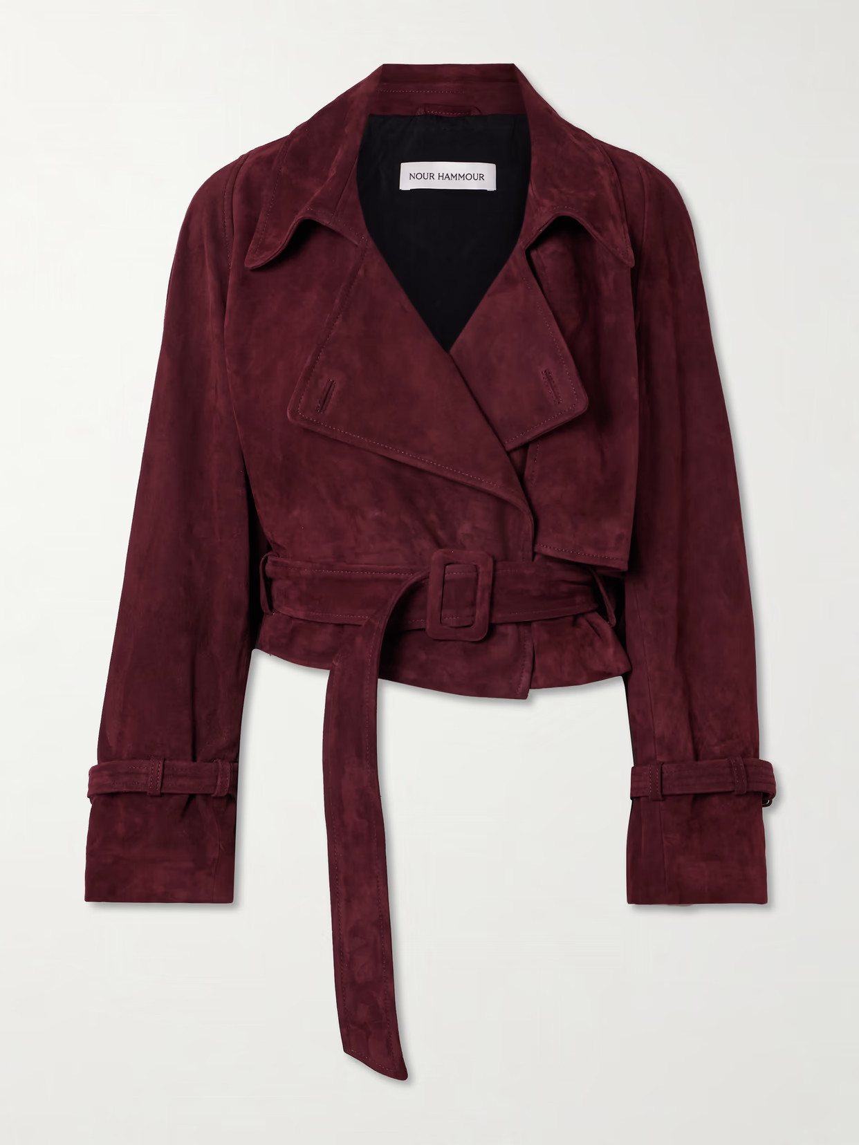 Nour Hammour - Hatti Cropped Belted Suede Jacket - Burgundy | NET-A-PORTER (UK & EU)