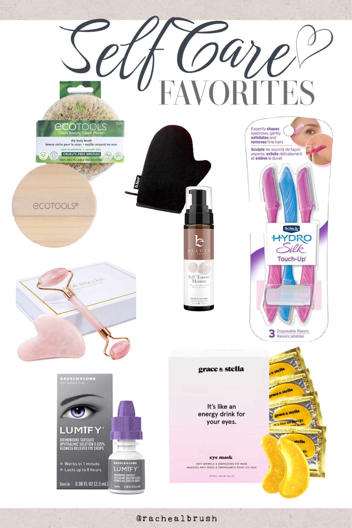 Self Care Favorites. Dry brush. Self Tanner. Sunless Tanner. Face shaver for women  Dermaplaner. Face roller. Jade roller and Gus Sha. Eye mask. Skin care tools. 

#LTKhome #LTKstyletip #LTKbeauty