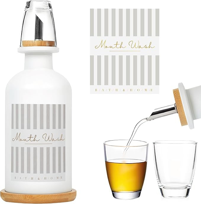 Mouthwash Dispenser for Bathroom with Stainless Steel & Bamboo Nozzle. Free Extra Reusable MOUTHW... | Amazon (US)