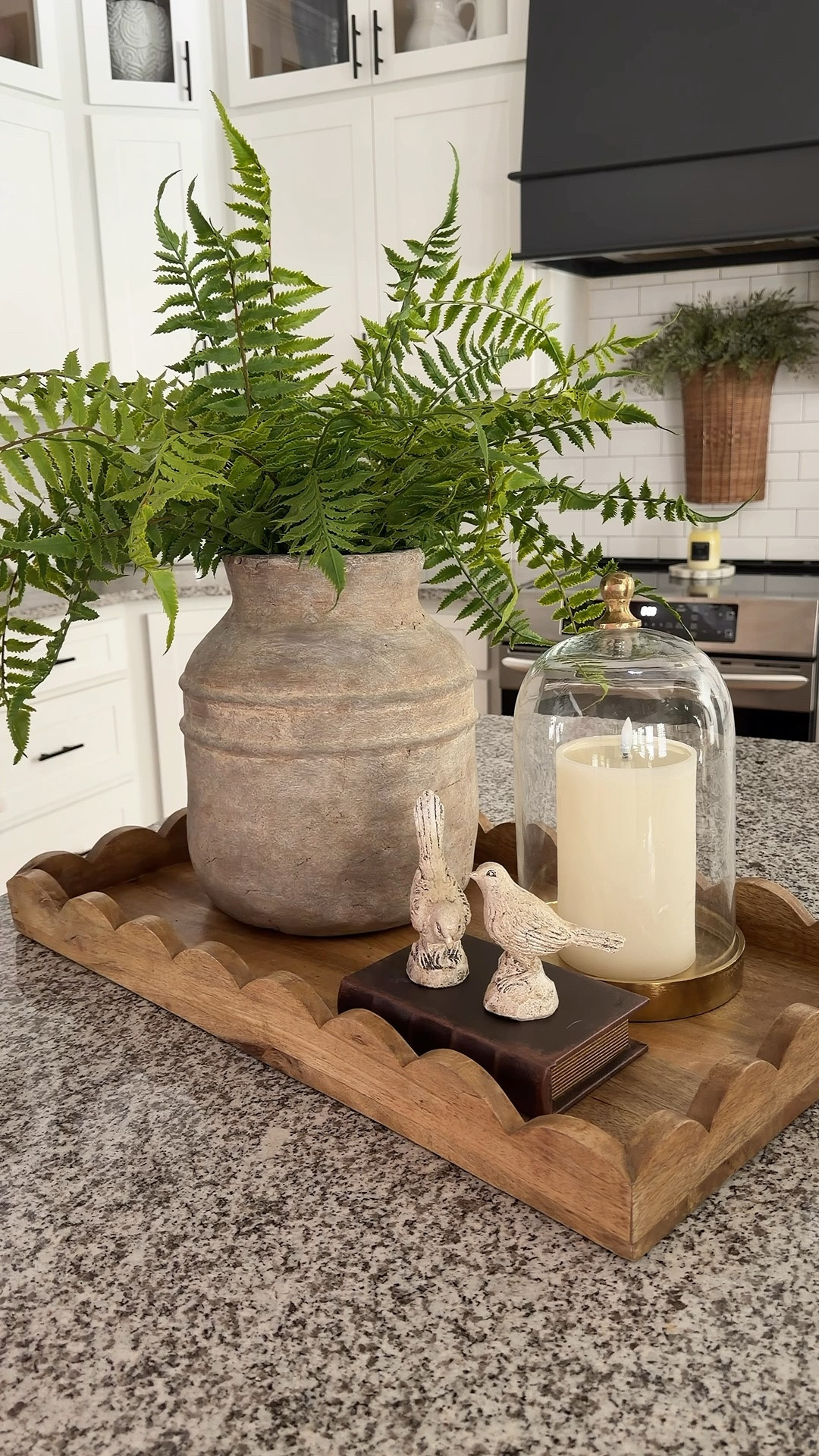 There’s just something about greenery that always feels right… 🌿

These fern bushes are so full and beautiful—perfect for carrying you through Spring and Summer. I’m completely in love with this scalloped tray and cloche… they add such a soft, elevated touch. And the little birds? Absolutely precious. Those are the kind of pieces you’ll find yourself moving all around your home because they work anywhere.

I hope this little setup sparks some inspiration for you and gives you a fresh idea or two to try in your own space! 

P.S. my exact vase is sold out, but I have linked some others that are similar and would also look great in this set up.