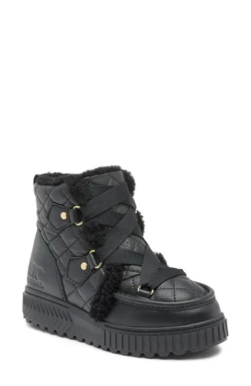SOREL One Ave™ Alpine Genuine Shearling Trim Waterproof Boot in Black/Sea Salt at Nordstrom, Size 8 | Nordstrom