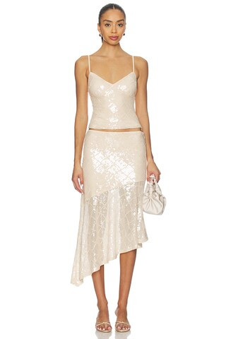 Runaway The Label Eris Sequin Flounce Midi Skirt in Sand from Revolve.com | Revolve Clothing (Global)