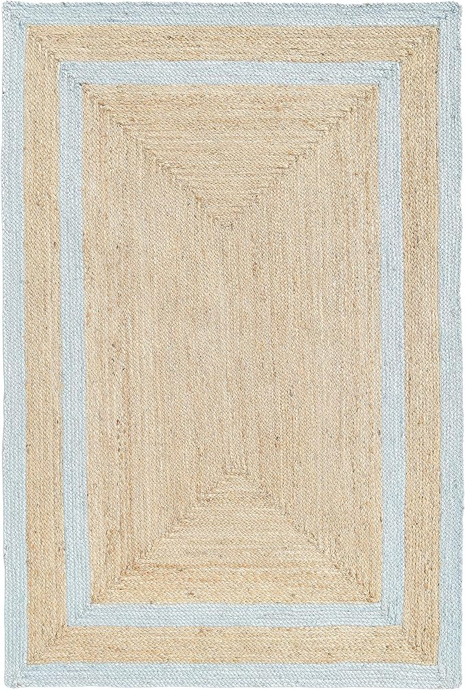 Double Border Jute Rug, Pastel Blue, 3'x5' Boho Farmhouse Coastal Décor for Living Room, Bedroom... | Amazon (US)