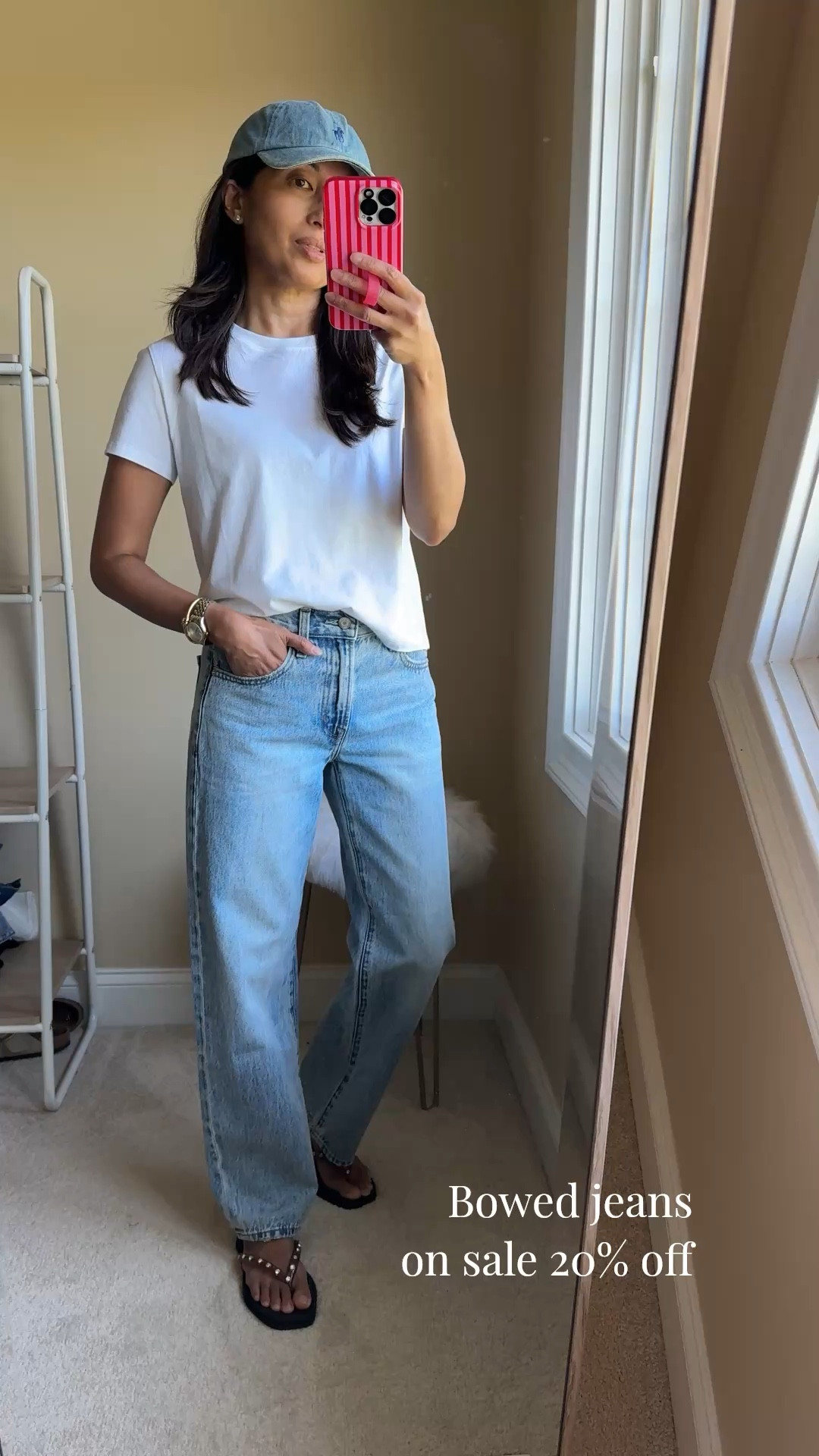 Spring outfits 2026. T-shirt and jeans. 
Bowed jeans from @Pistola Denim  are on sale 20% off. 
Good all cotton denim material in the perfect thickness. The type that gets even better with time. 
Bowed style is not quite a barrel and not quite a straight leg, but somewhere in between. 
True to size. 
My wash:  bowie. I also like metropolis and dolce vita vintage. 
An all-time favorite t-shirt. True to size. 
Denim baseball cap. 
Embellished flip flops. 
