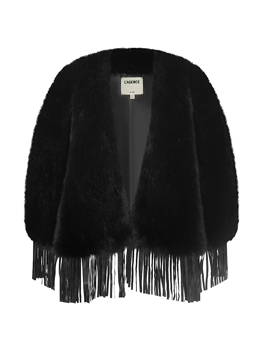 Women's Nathalia Fringe-Trim Faux-Fur Cape Top - Black - Size Large | Saks Fifth Avenue