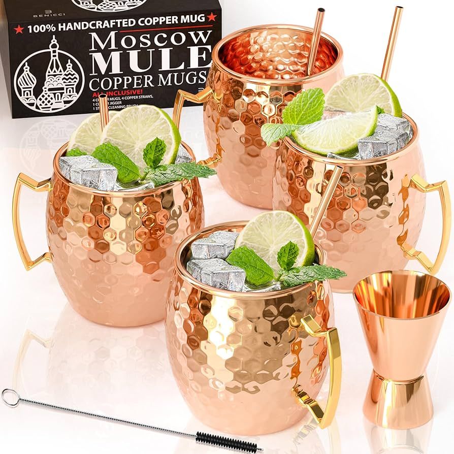 Benicci Moscow Mule Copper Mugs - Set of 4-100% HANDCRAFTED - Food Safe Pure Solid Copper Mugs - ... | Amazon (US)