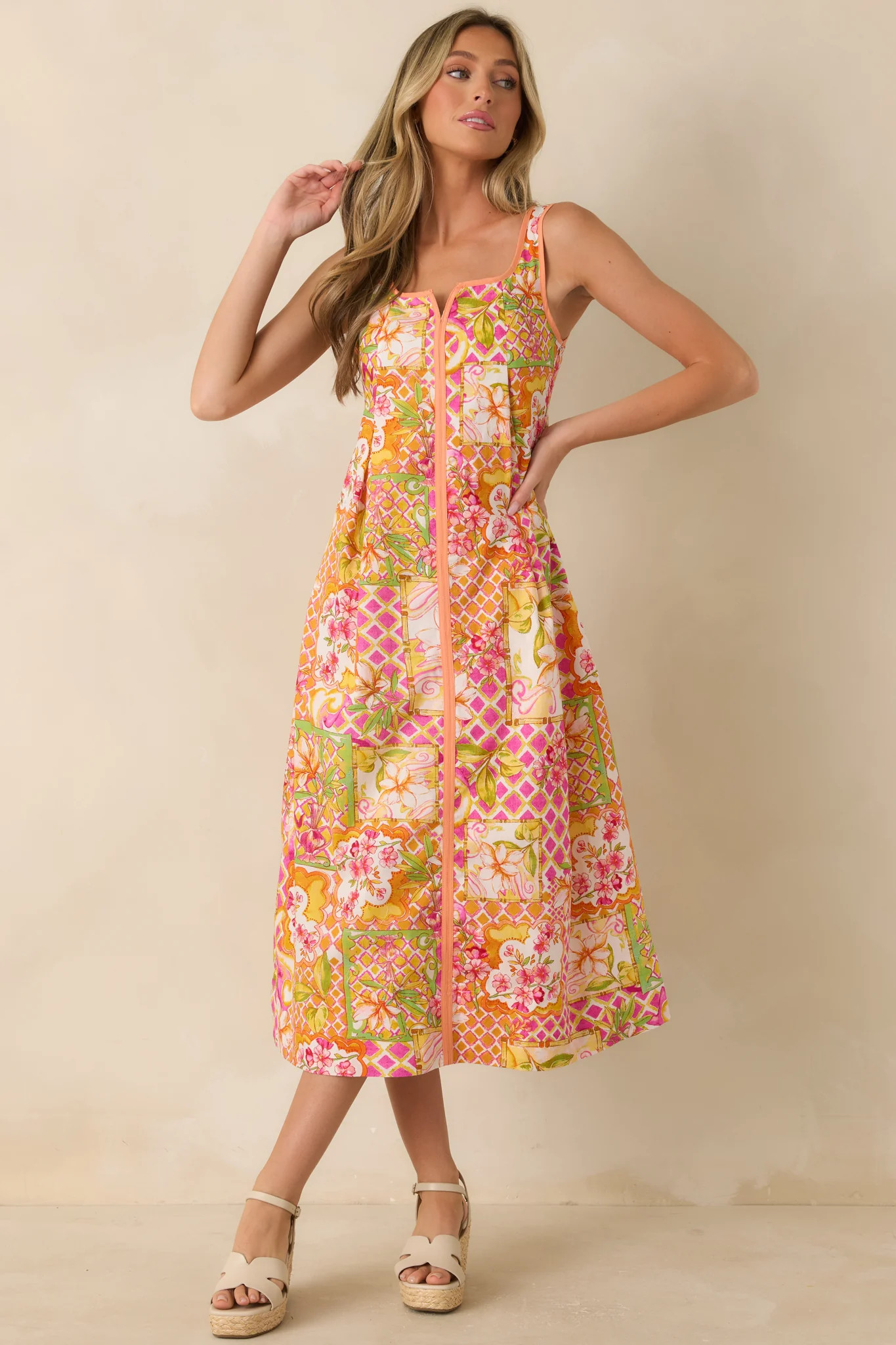 Resort Romance Pink Multi Cotton Floral Print Midi Dress | Red Dress