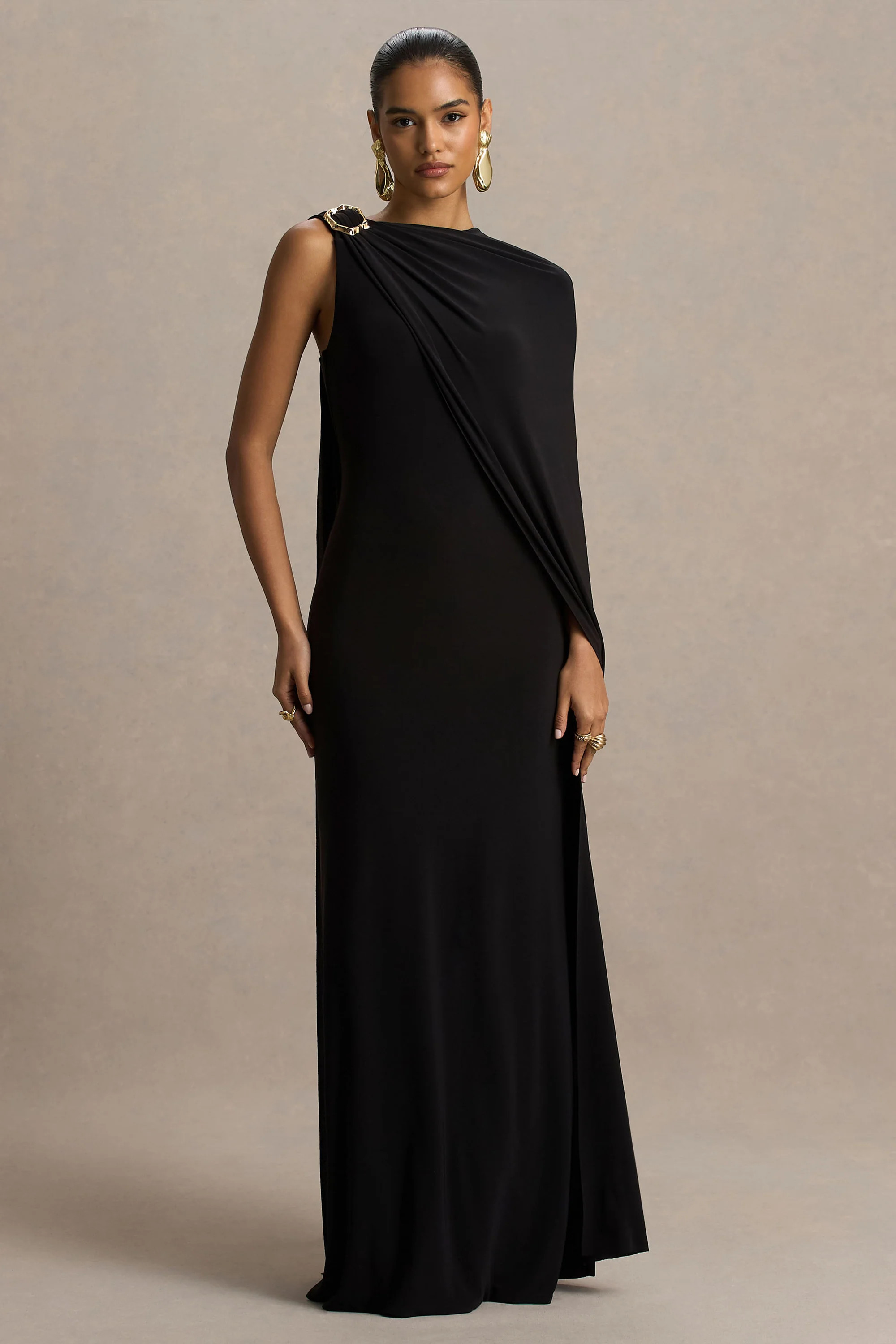 Cressida | Black Asymmetric-Neck Maxi Dress With Cape And Gold Detail | Club L London