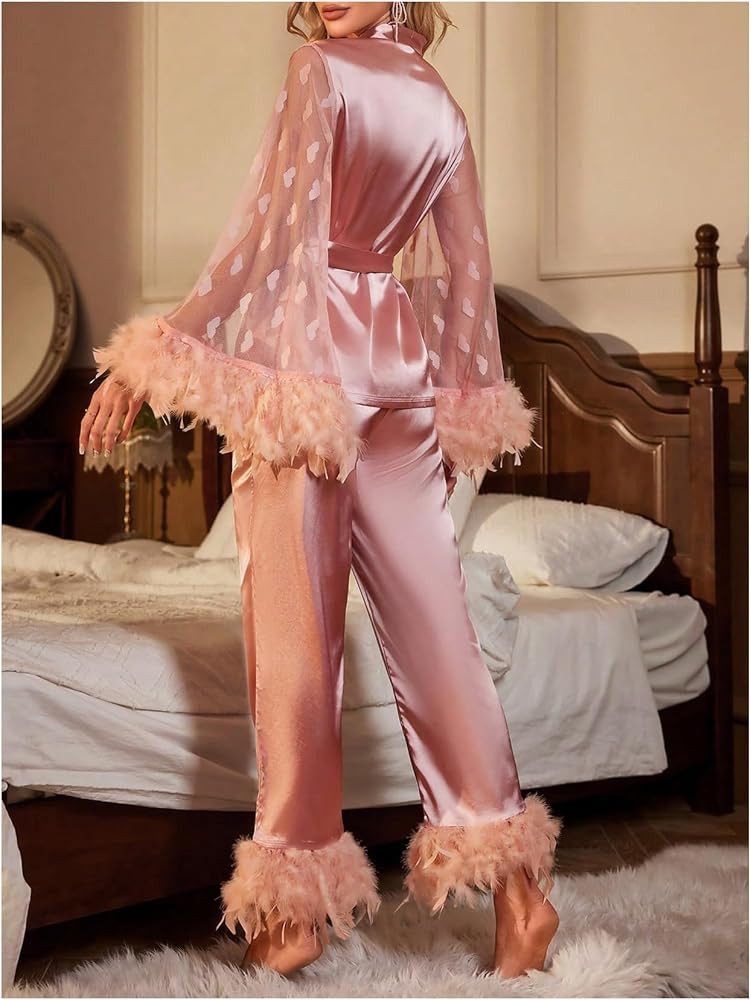 OYOANGLE Women's 2 Piece Pajama Set Satin Contrast Mesh Feather Trim Silk Long Sleeve Belted Top ... | Amazon (US)