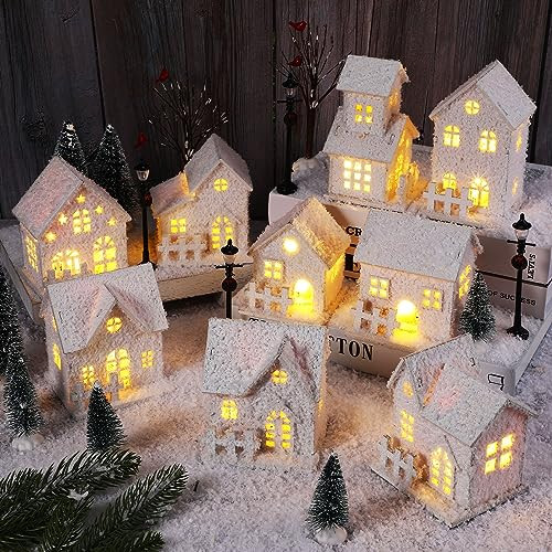 Zubebe 23 Pcs Christmas Village Sets LED Winter Village Houses Accessories Street Lights Trees Miniature Christmas Figurines Scene Desktop Ornament for Indoor Room Landscape Xmas Holiday Party Decor | Amazon (US)