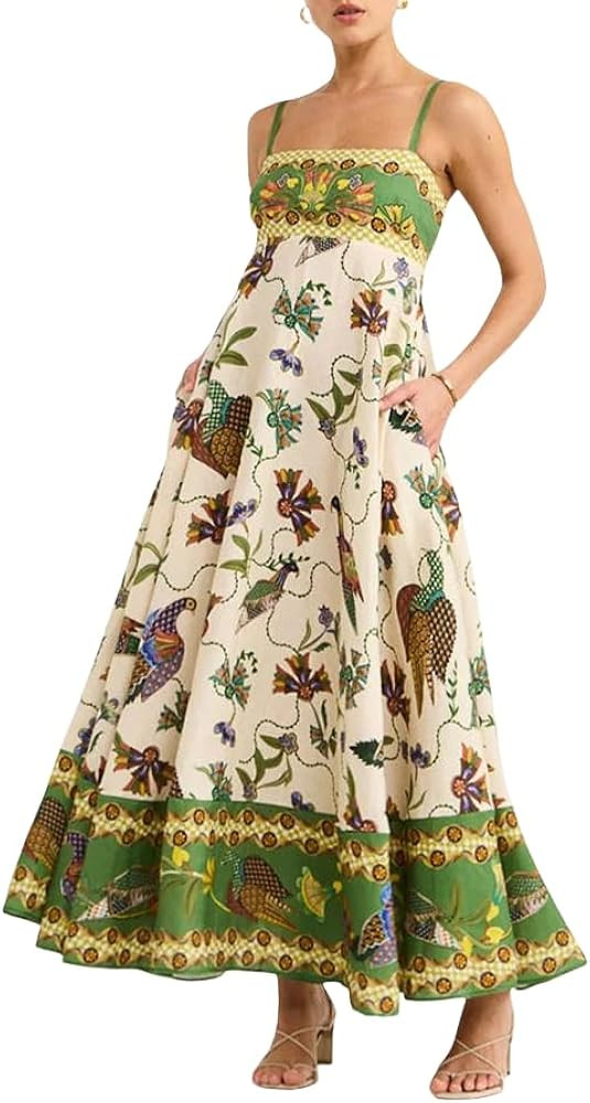 Women Summer Boho Cami Maxi Dress Spaghetti Strap Flowy Graffiti Long Aline Sun Dress | Amazon (US)