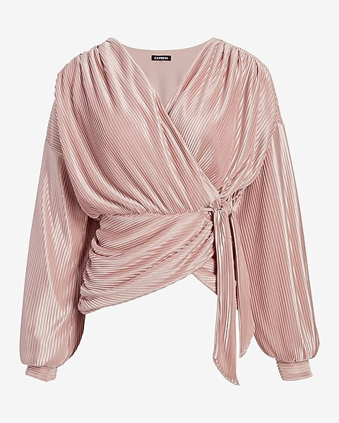 Metallic Foil Pleated Wrap Tie Waist Top | Express
