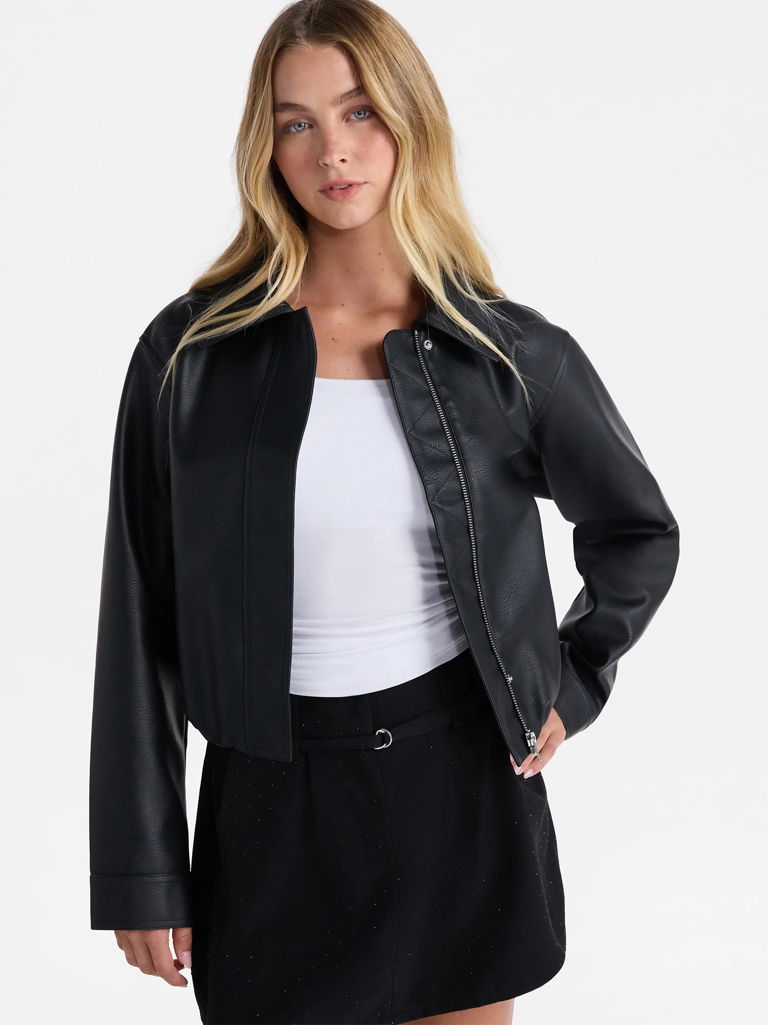 No Boundaries Bubble Hem Faux Leather Bomber Jacket, Women's | Walmart (US)