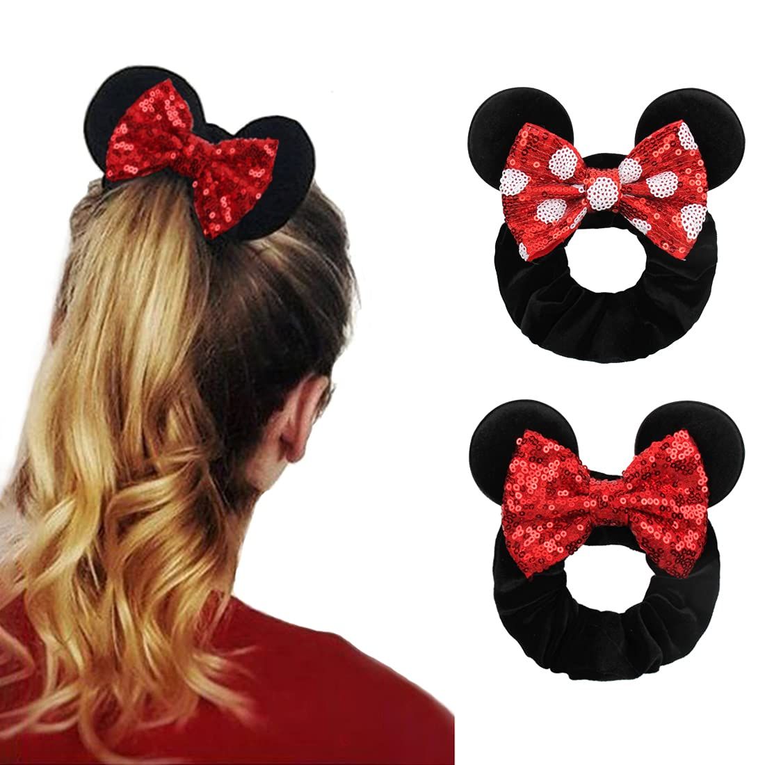 YanJie Women Mouse Ears Red Dot Sequin Bows Velvet Scrunchies Elastic Rubber Hair Band Cute Hair Tie | Amazon (US)