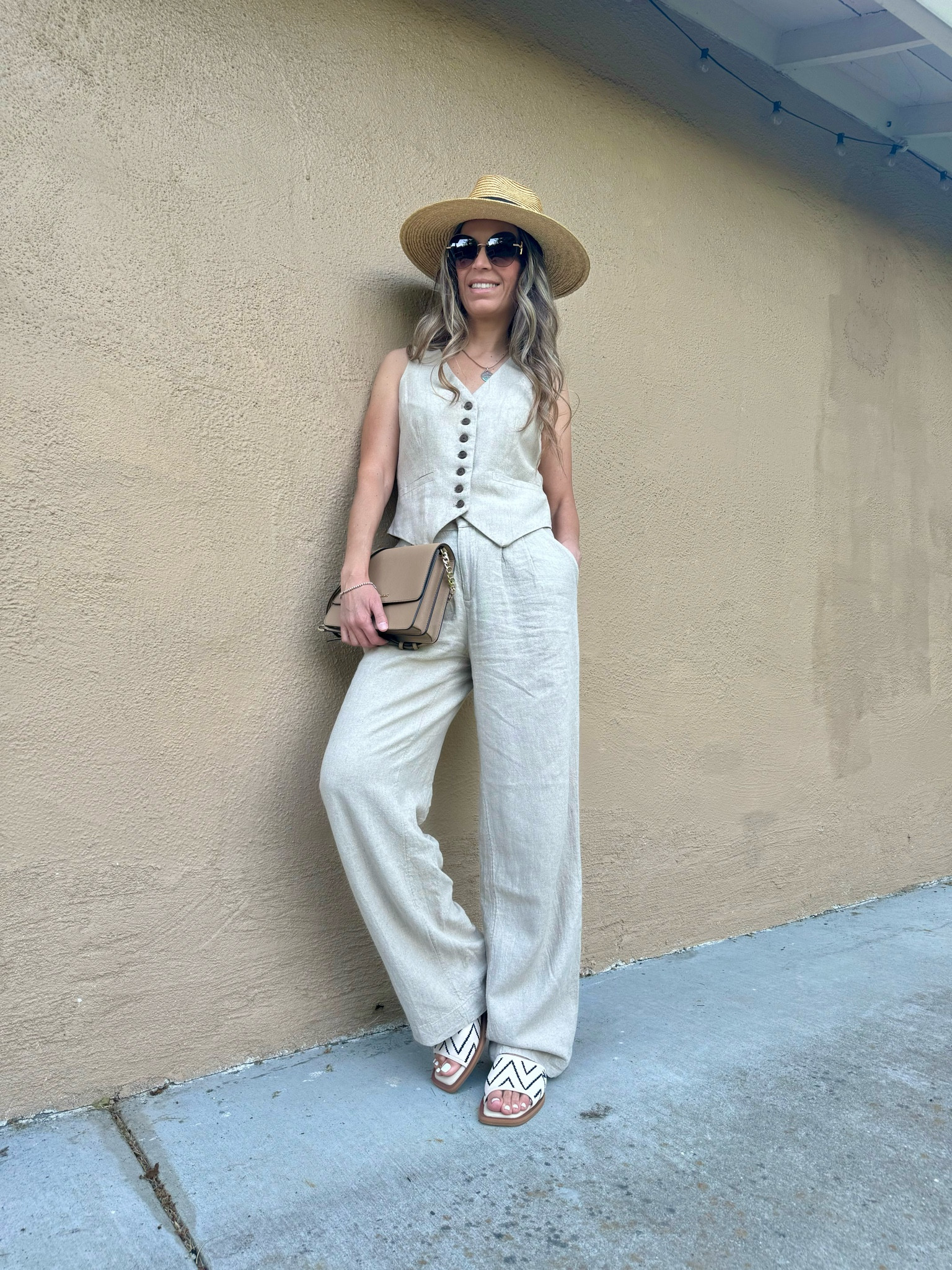 Linen neutral beige pants are sz 2
Linen tailored vest sz XS

I’m 5’5” 122 lbs 

Comfortable sandals are true to size
Highly recommend

The best hat ever!

Great travel look

#LTKsalealert #LTKfindsunder50 #LTKshoecrush
