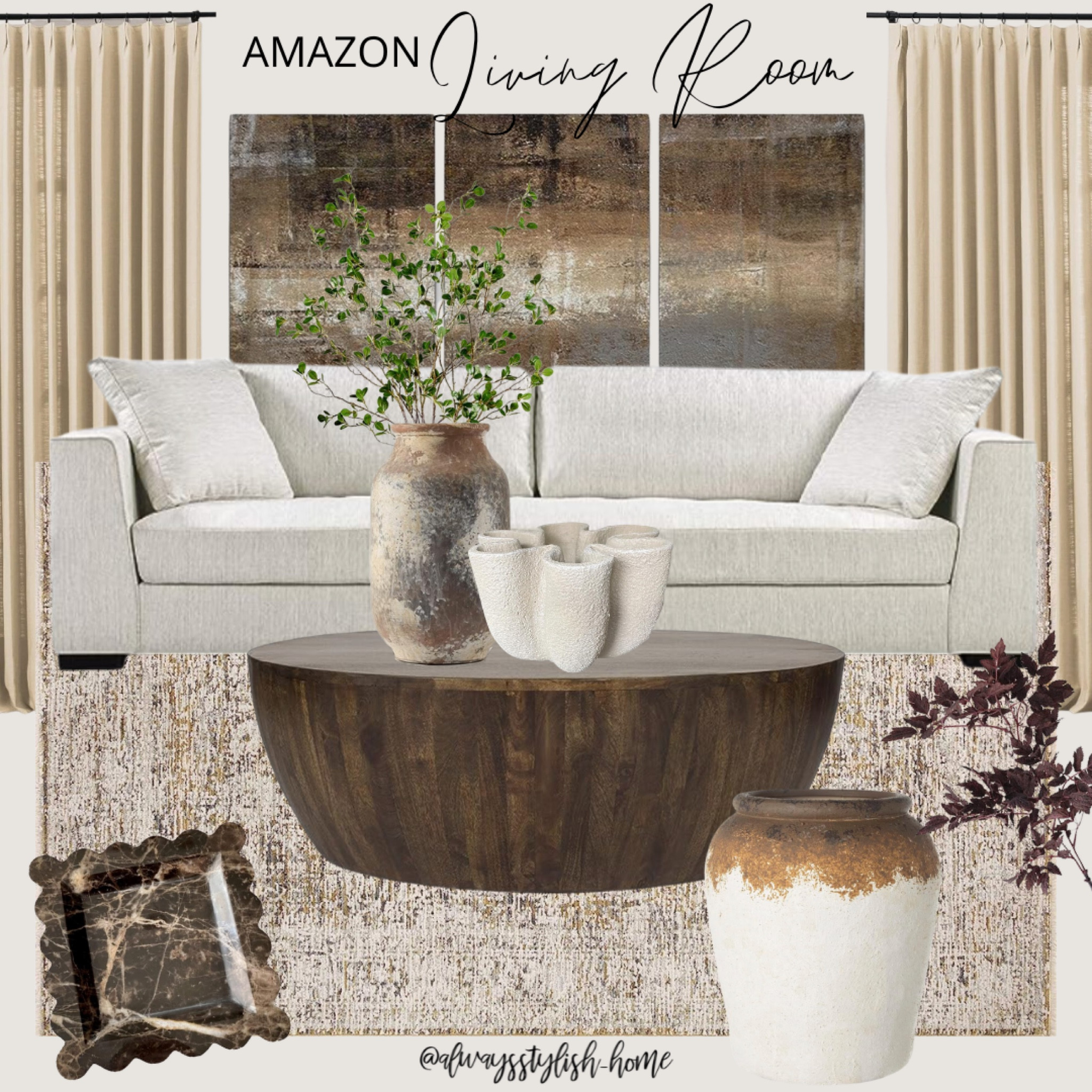 Organic Modern home decor! Living room inspo, cream sofa, brown, cream rug, wood drum coffee table, brown marble scalloped tray, rustic vase, wavy bowl, modern wall art, fall stems, linen curtains, fall decor

#LTKhome