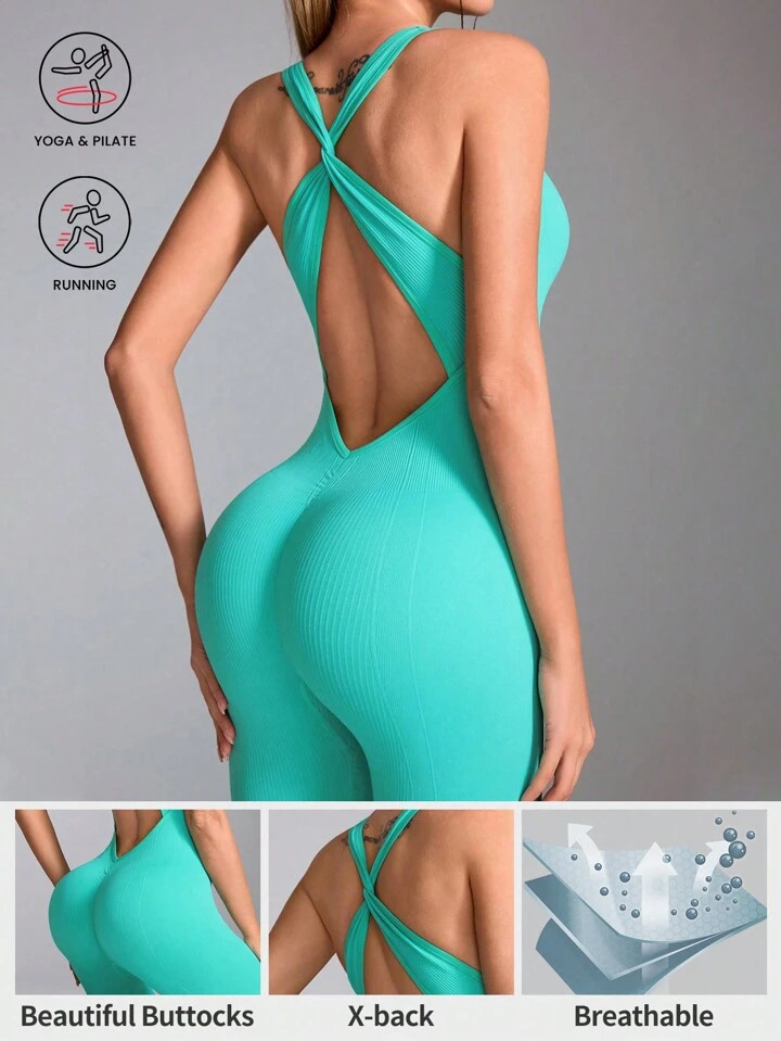 SHEIN Sport Studio Women's Solid Color Sleeveless Backless Sport Jumpsuit For Summer Full Bodyt J... | SHEIN