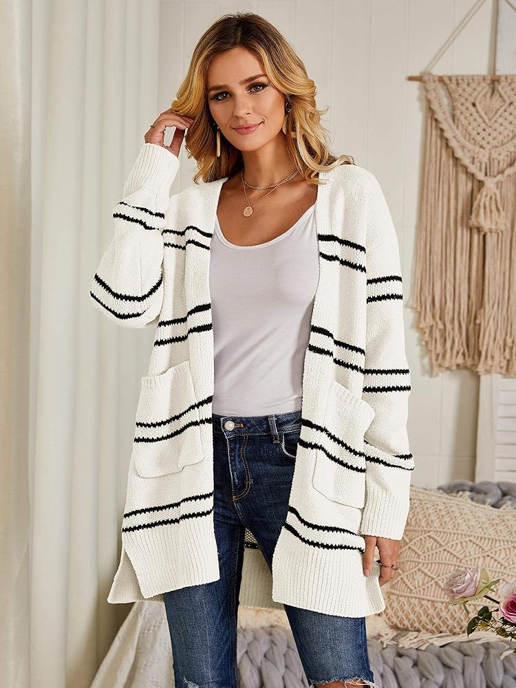Ferbia Women Fuzzy Cardigan Sweater Striped Oversized Boyfriend Chunky Fleece Open Front Long Sle... | Amazon (US)