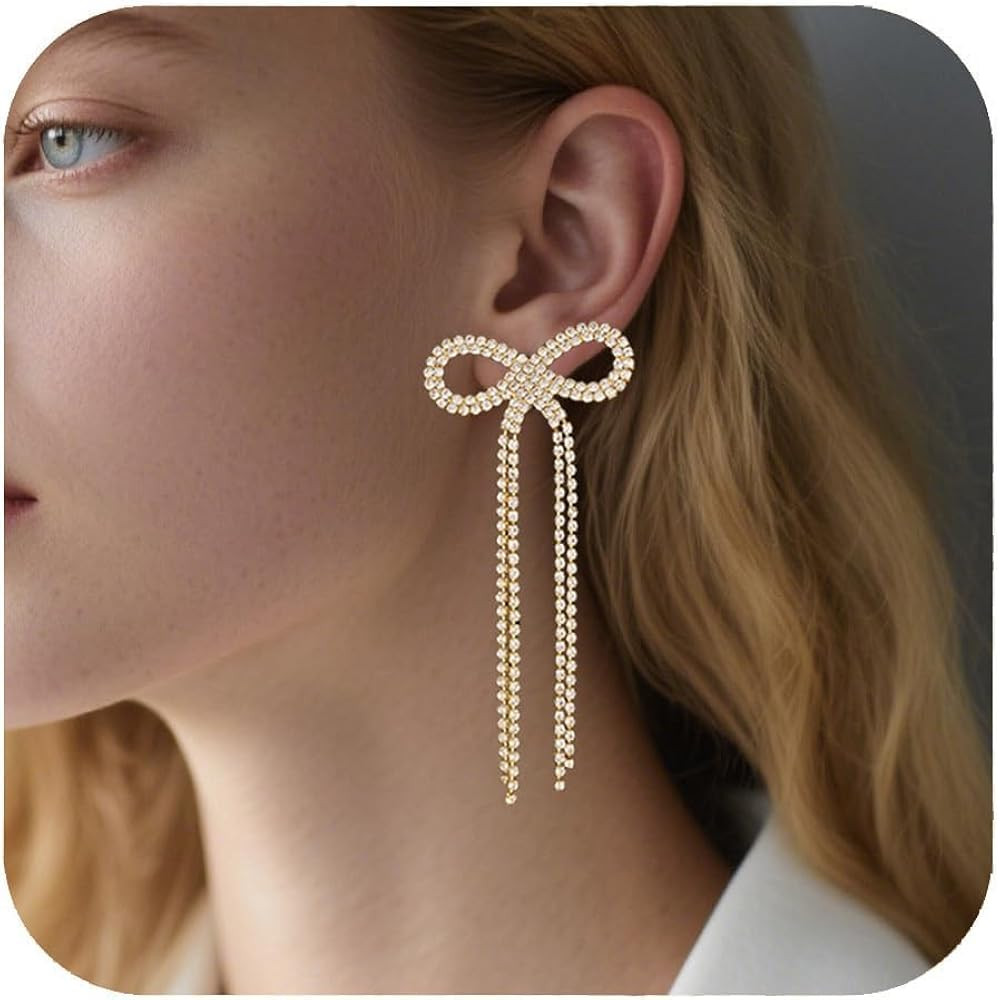 Gold Bow Long Tassel Earrings for Women Silver Big Bow Drop Dangling Sparkly Drop Crystal Stateme... | Amazon (US)