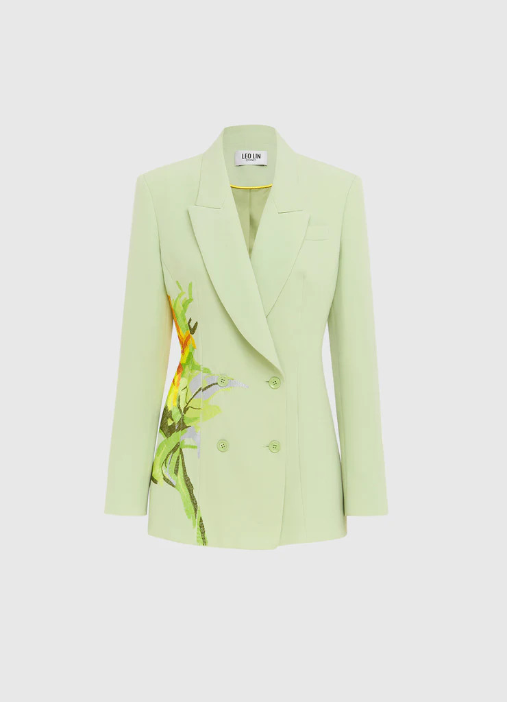 Julia Embroidery Fitted Blazer - Sunflower Print in Green | LEO LIN