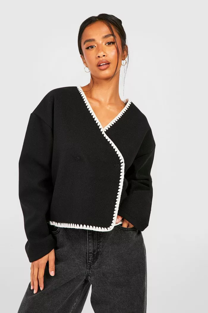 Petite Contrast Stitch Wool Look Boxy Jacket | Boohoo.com (UK & IE)