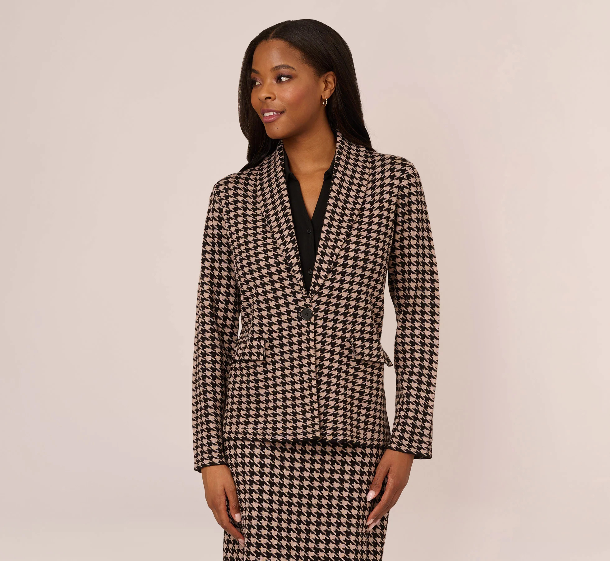 Houndstooth Blazer With Shawl Collar In Dusty Camel Soft Houndstooth | Adrianna Papell