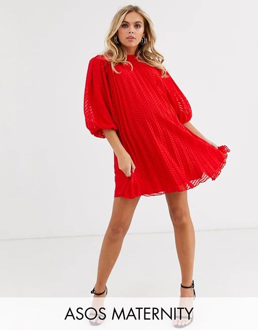 ASOS DESIGN Maternity pleated trapeze mini dress with puff sleeves in dobby | ASOS US
